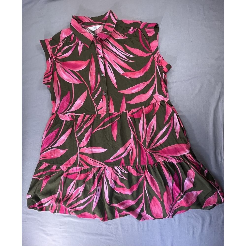 Time‎ and Tru Women's Large Tiered Mini Shirtdress Tropical Pink Foliage